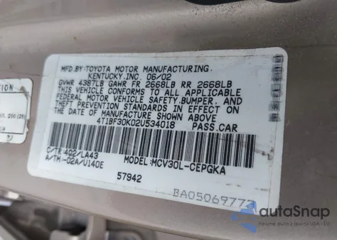 2002 Toyota Camry Xle V6 из США, поврежденный, VIN 4T1BF30K02U534018